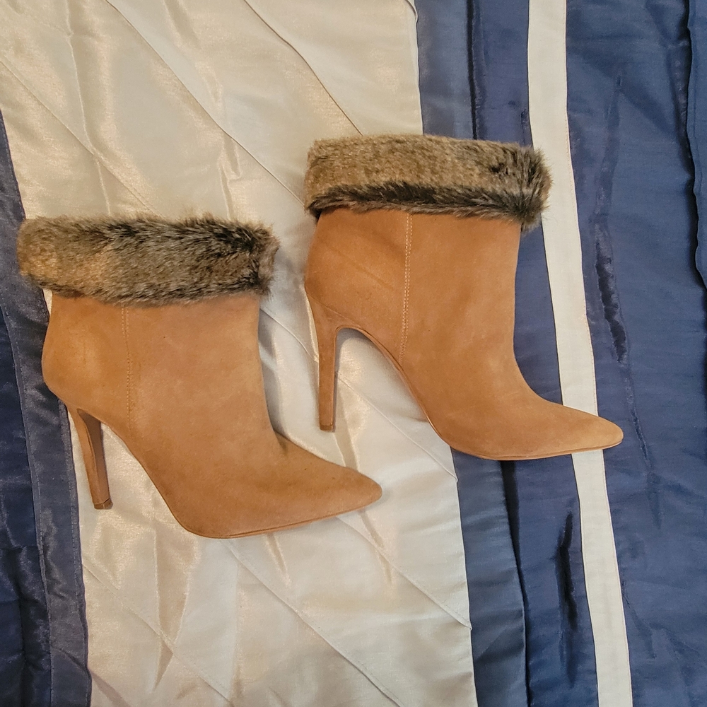 Tan Faux Fur Trimmed Ankle Boots